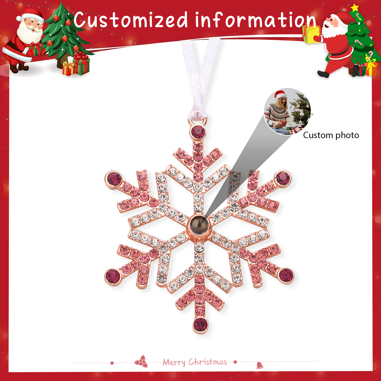 Personalised Christmas Tree Ornament with Photo Projection Snowflake Hanging Ornament in Pink or Blue