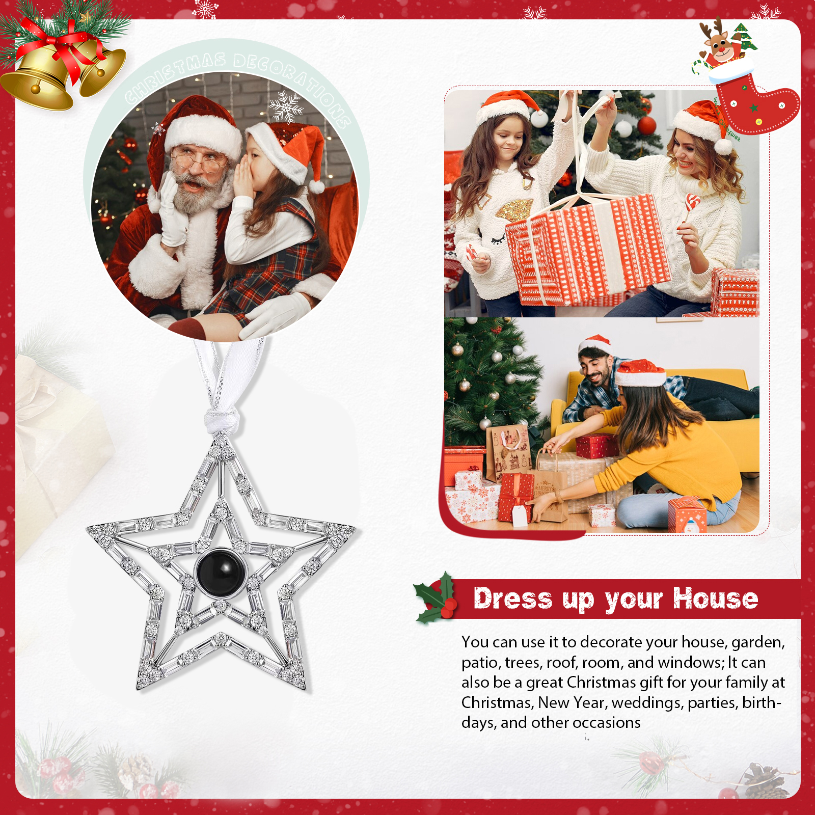 Personalised Five Pointed Star Projection Hanging Ornament Customised Family Photo Christmas Gift