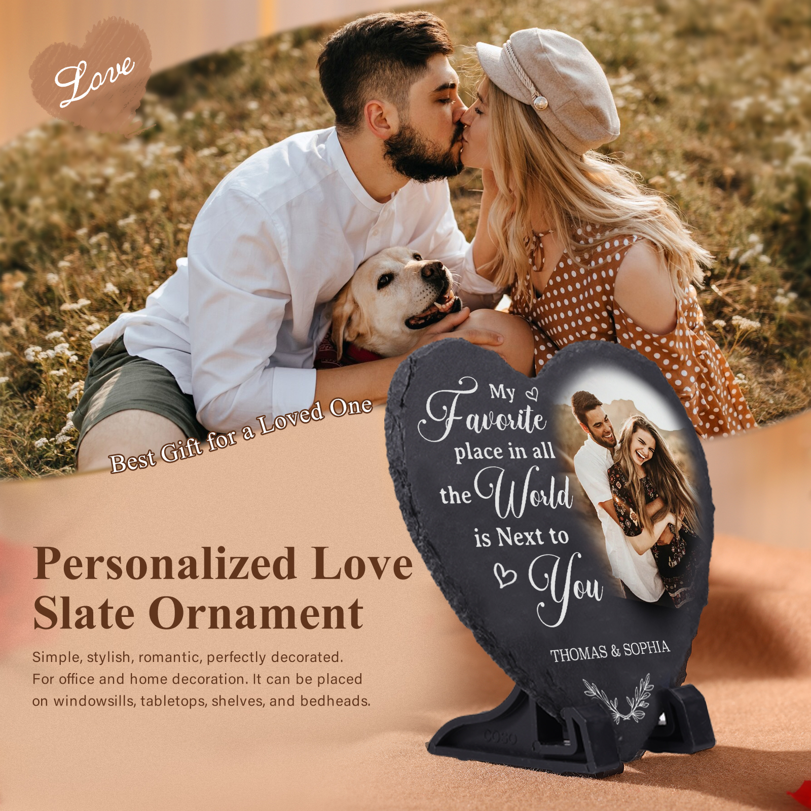 Personalised Shaped Stone with Stand My Favorite Place In All The World Is Next To You Heart Shaped Gift for Couple