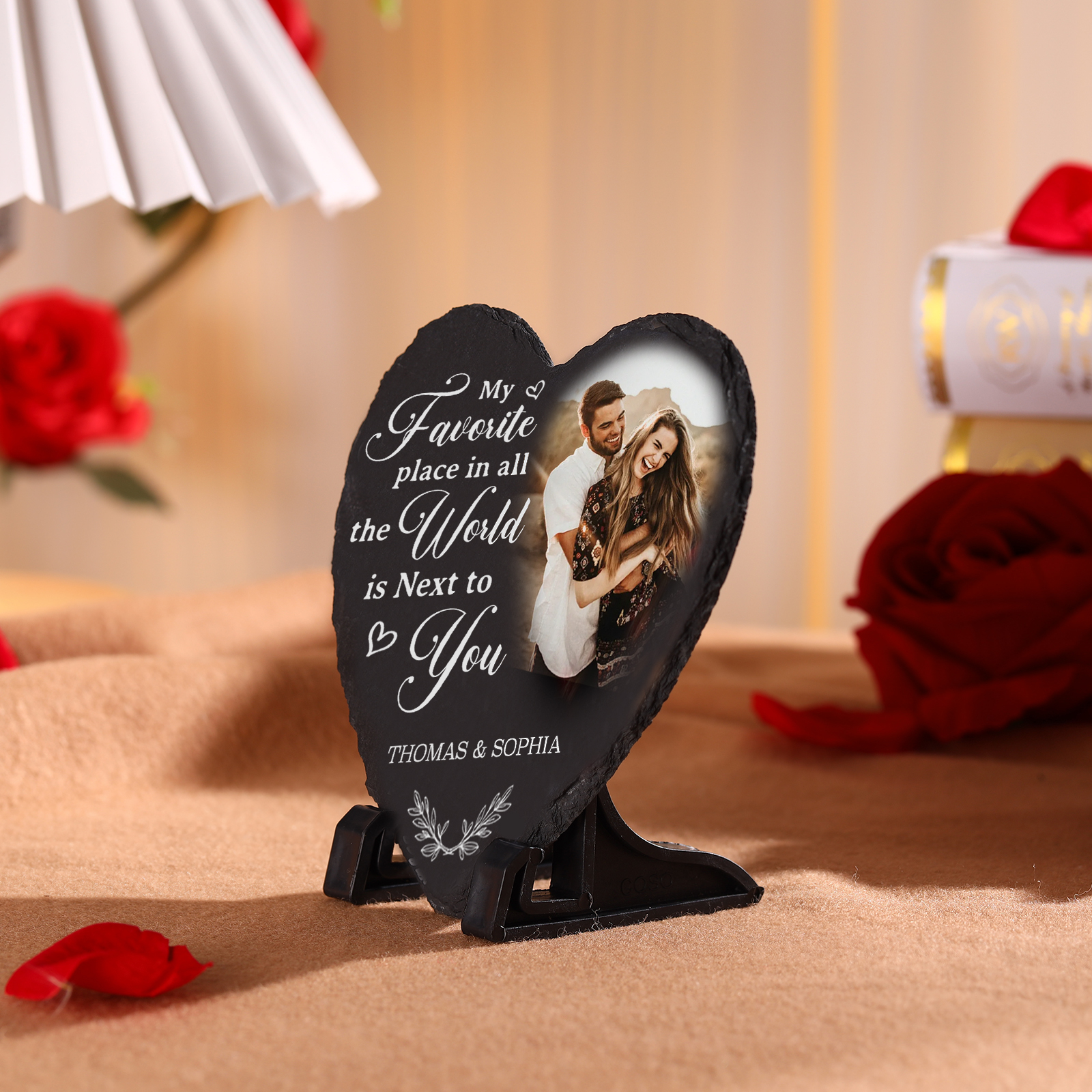 Personalised Shaped Stone with Stand My Favorite Place In All The World Is Next To You Heart Shaped Gift for Couple