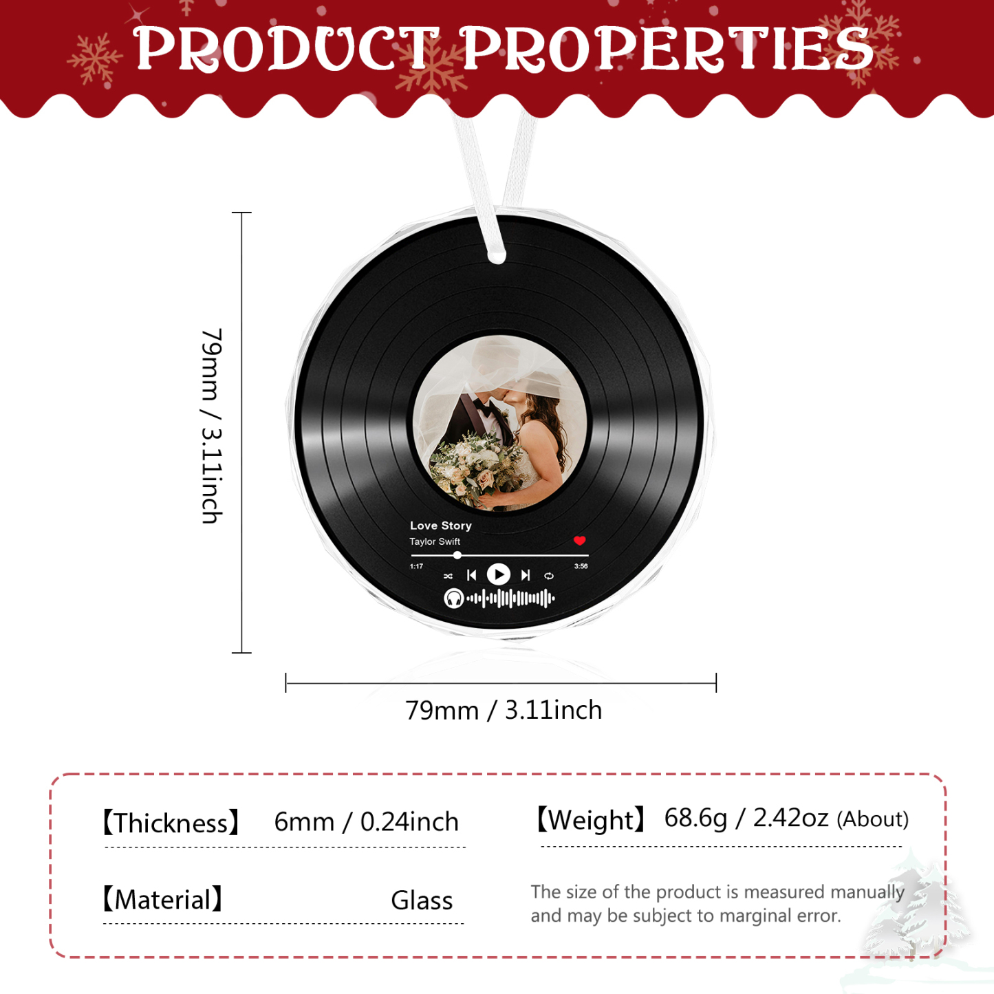 Personalised Photo and Song Ornament Custom Photo Record Ornament Gift for Couple