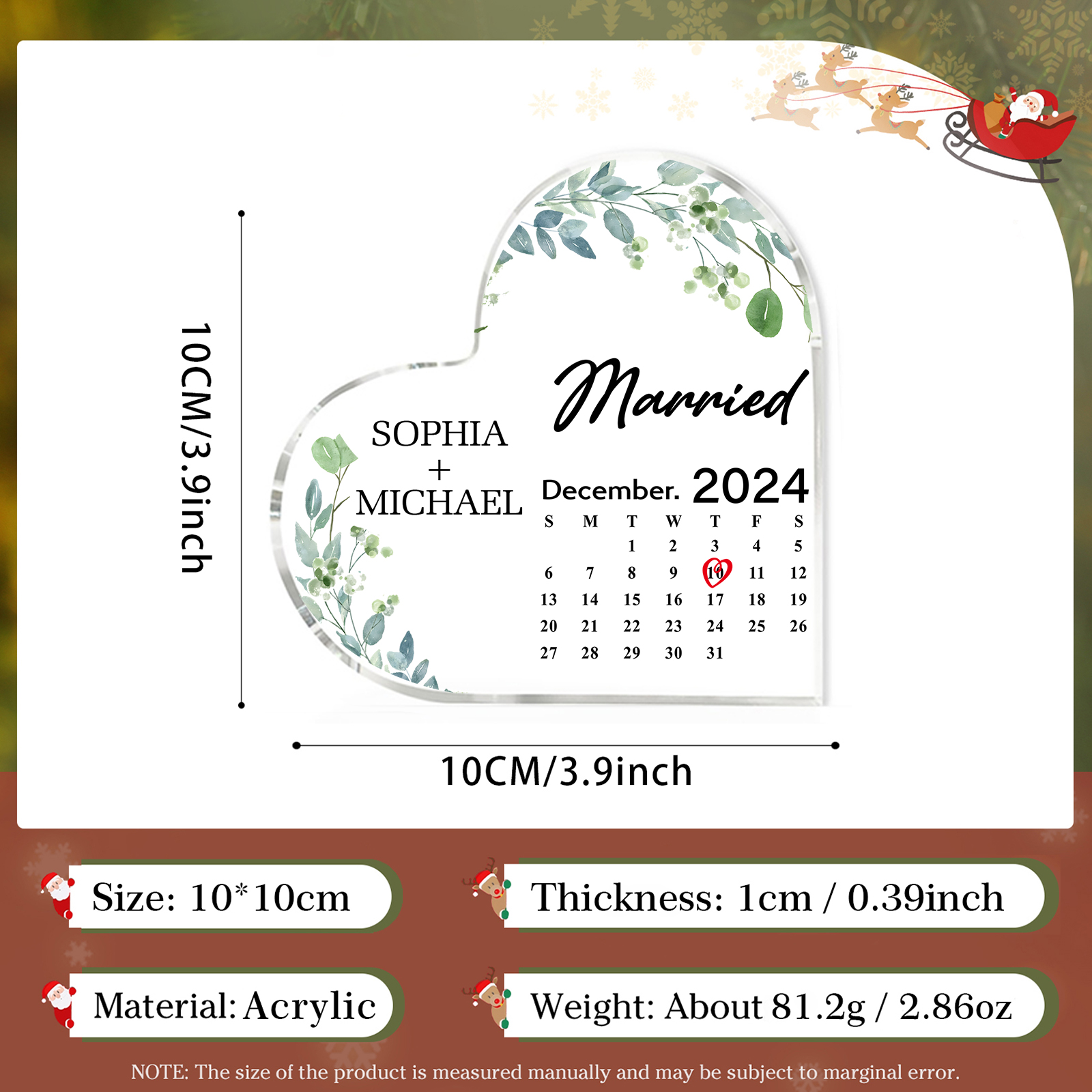 Personalised Heart Shaped Acrylic Plaque Married Custom 1 Date 2 Names 1 Text Gift for Couple