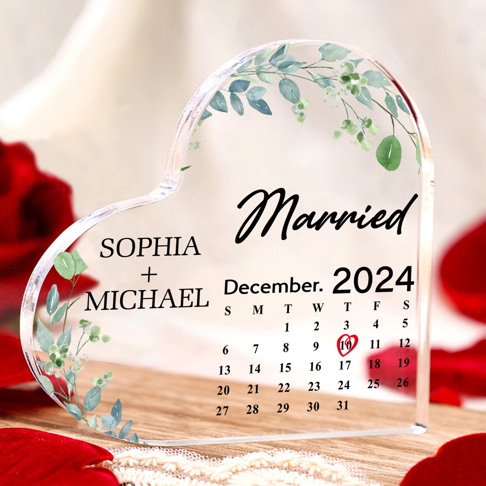 Personalised Heart Shaped Acrylic Plaque Married Custom 1 Date 2 Names 1 Text Gift for Couple