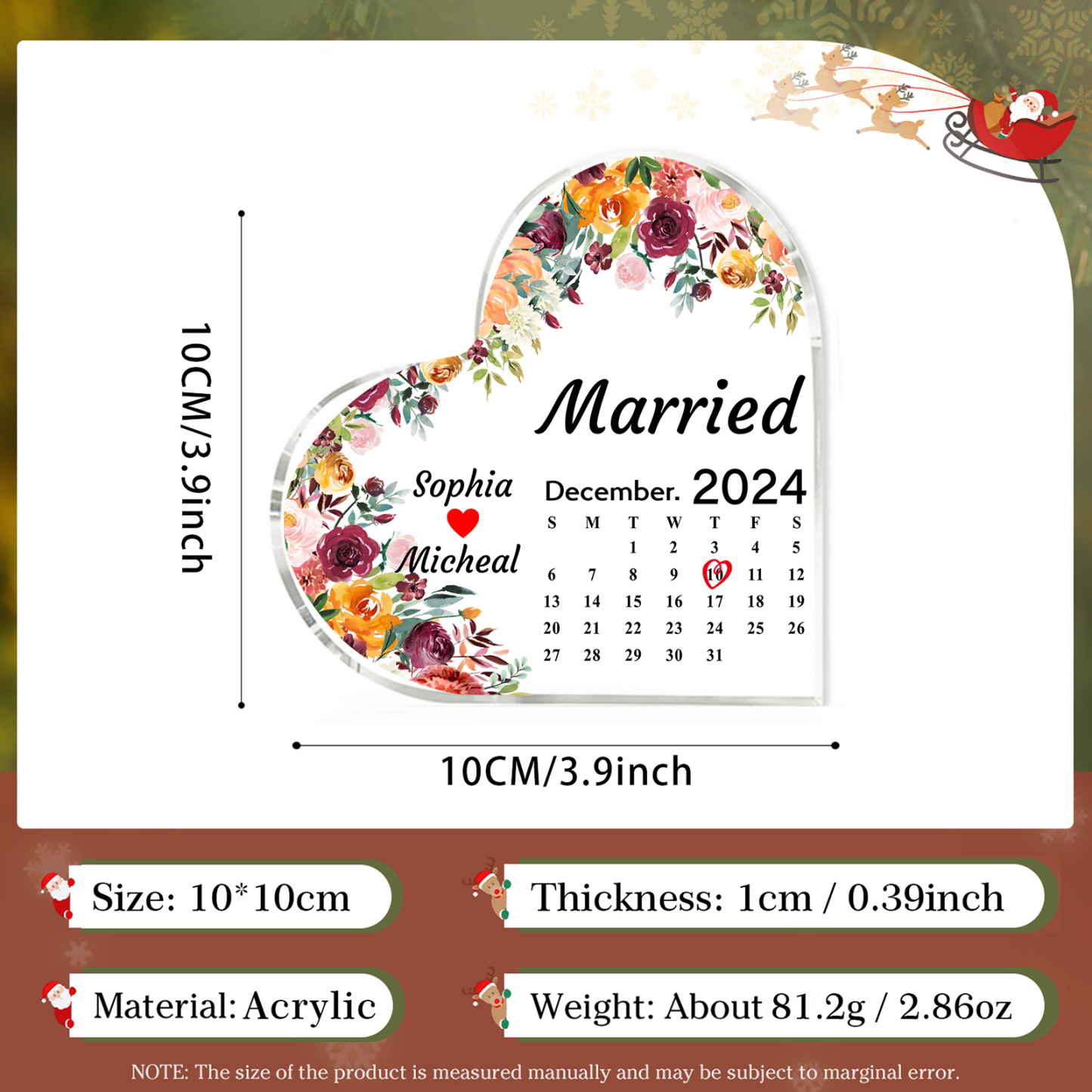 Personalised Heart Shaped Acrylic Plaque Married Custom 1 Date 2 Names 1 Text Gift for Couple