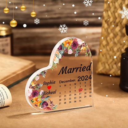 Personalised Heart Shaped Acrylic Plaque Married Custom 1 Date 2 Names 1 Text Gift for Couple