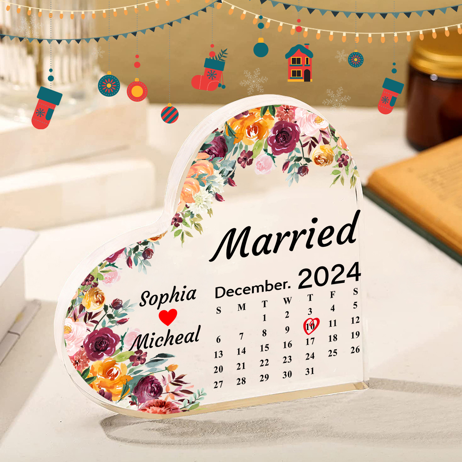 Personalised Heart Shaped Acrylic Plaque Married Custom 1 Date 2 Names 1 Text Gift for Couple