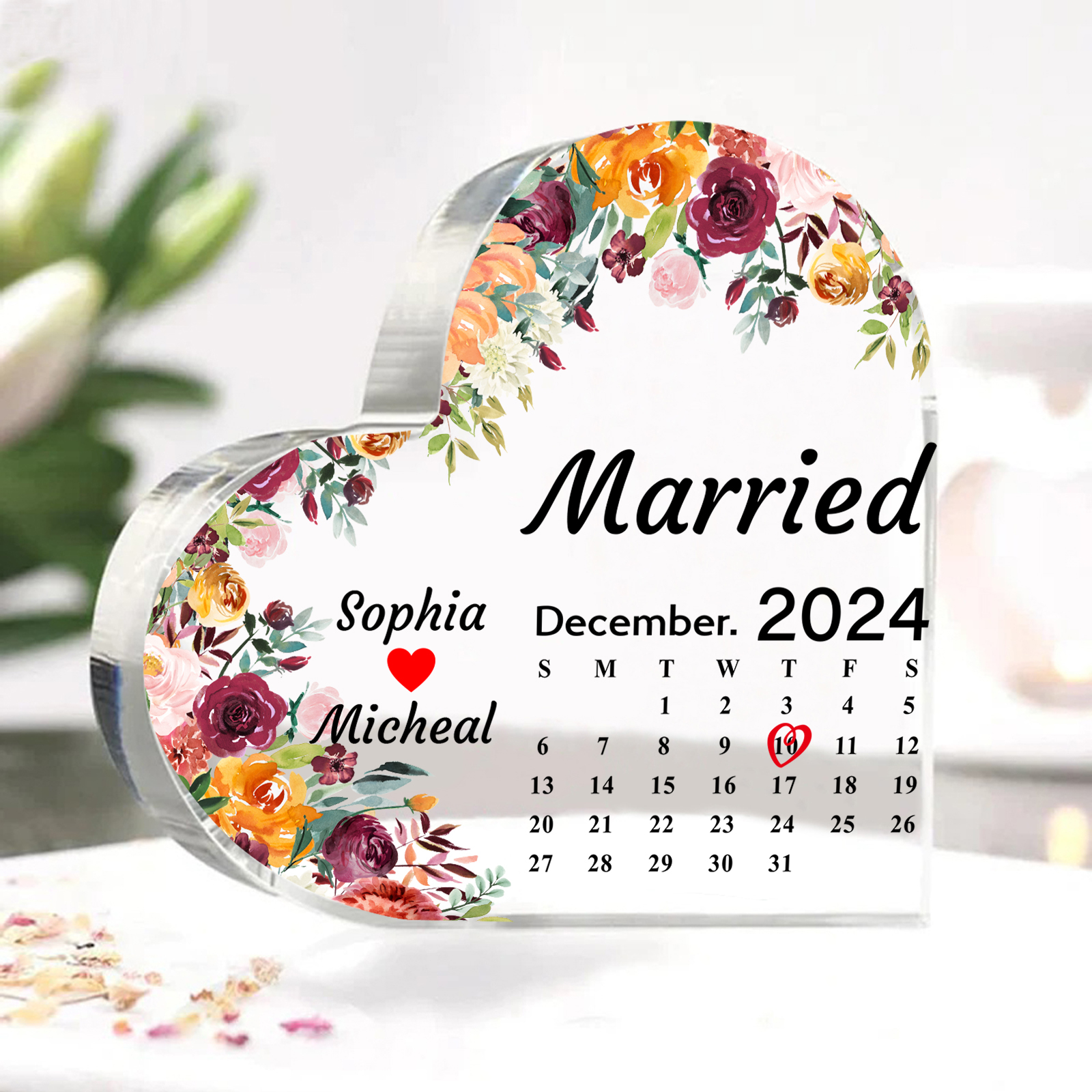 Personalised Heart Shaped Acrylic Plaque Married Custom 1 Date 2 Names 1 Text Gift for Couple