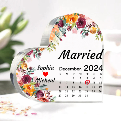 Personalised Heart Shaped Acrylic Plaque Married Custom 1 Date 2 Names 1 Text Gift for Couple