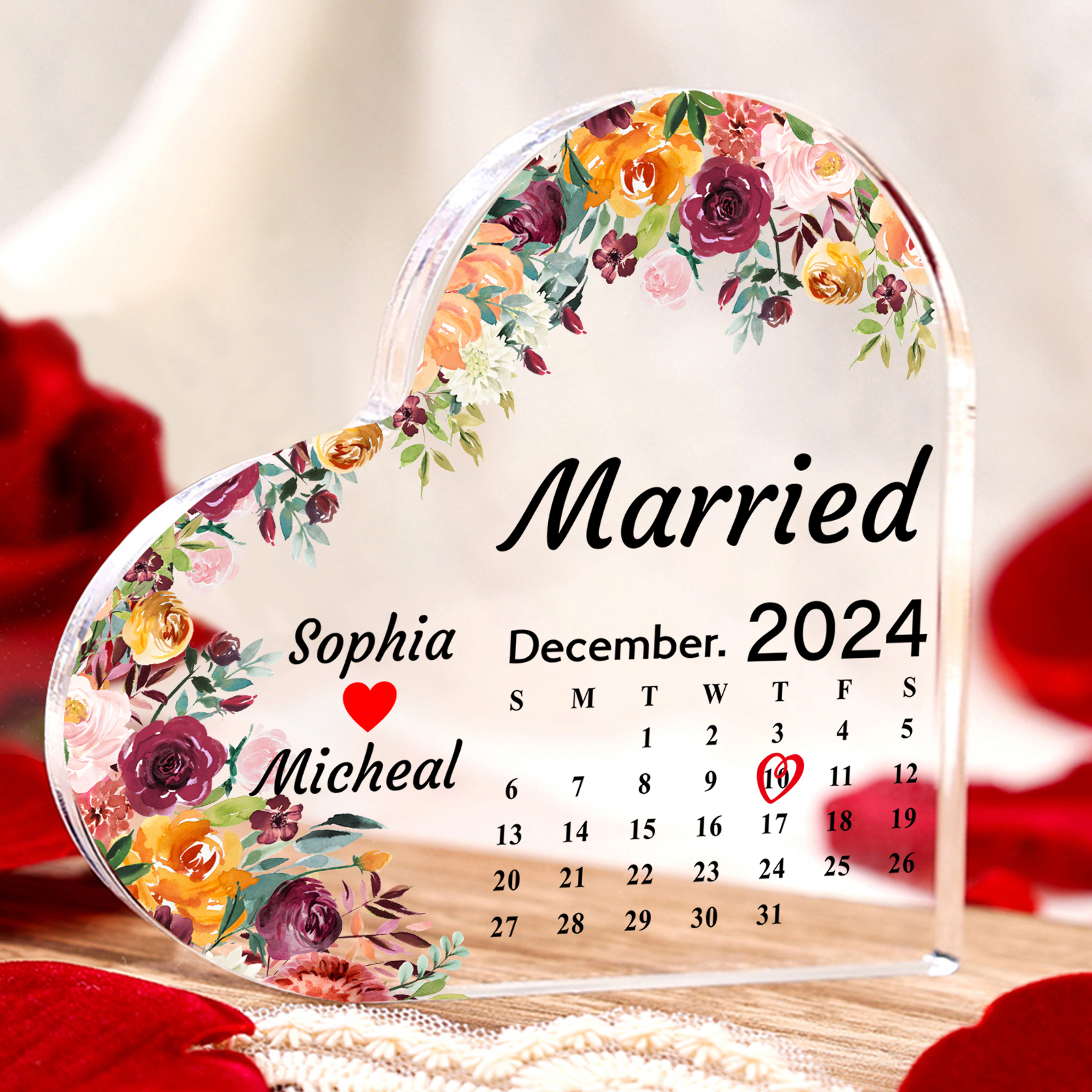 Personalised Heart Shaped Acrylic Plaque Married Custom 1 Date 2 Names 1 Text Gift for Couple