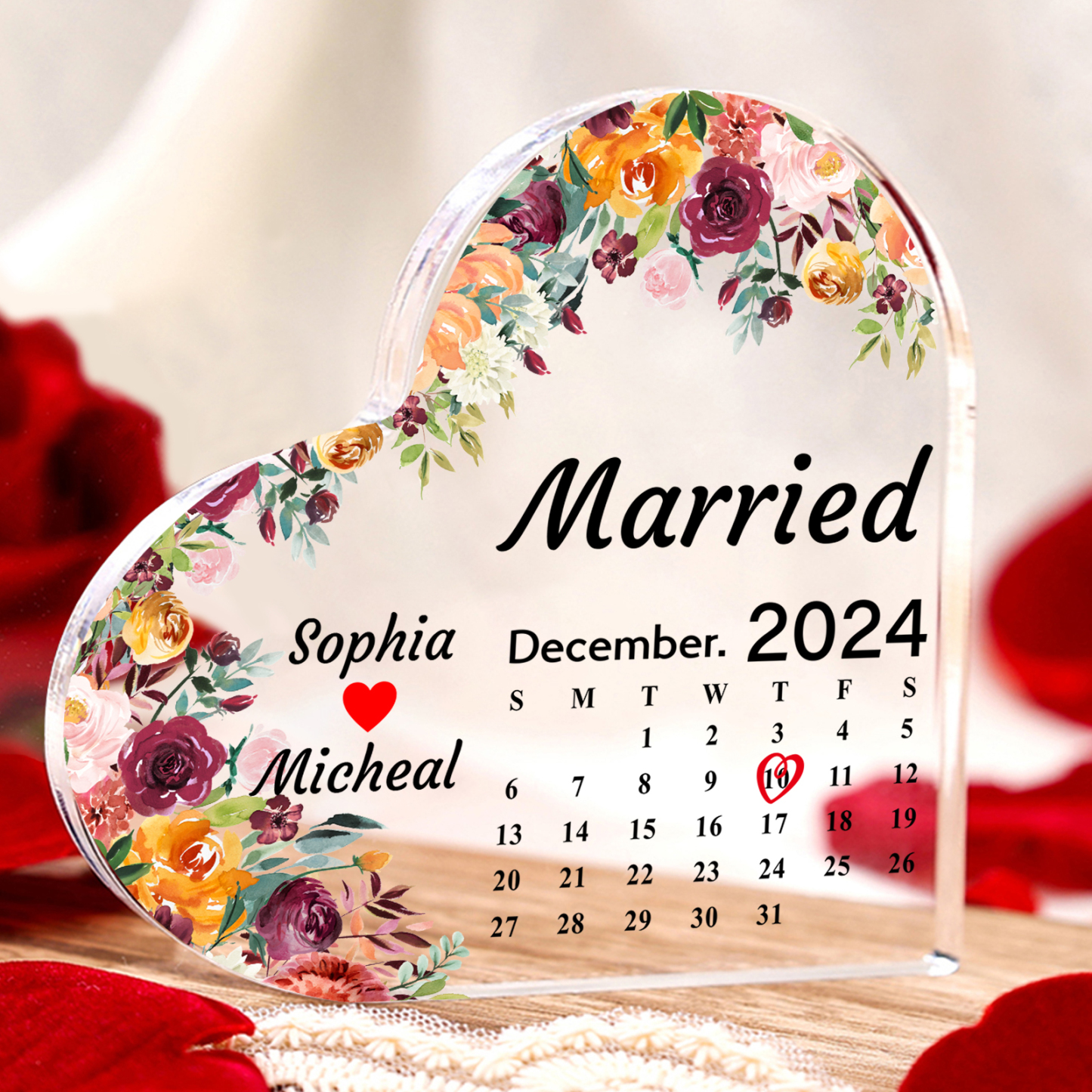 Personalised Heart Shaped Acrylic Plaque Married Custom 1 Date 2 Names 1 Text Gift for Couple