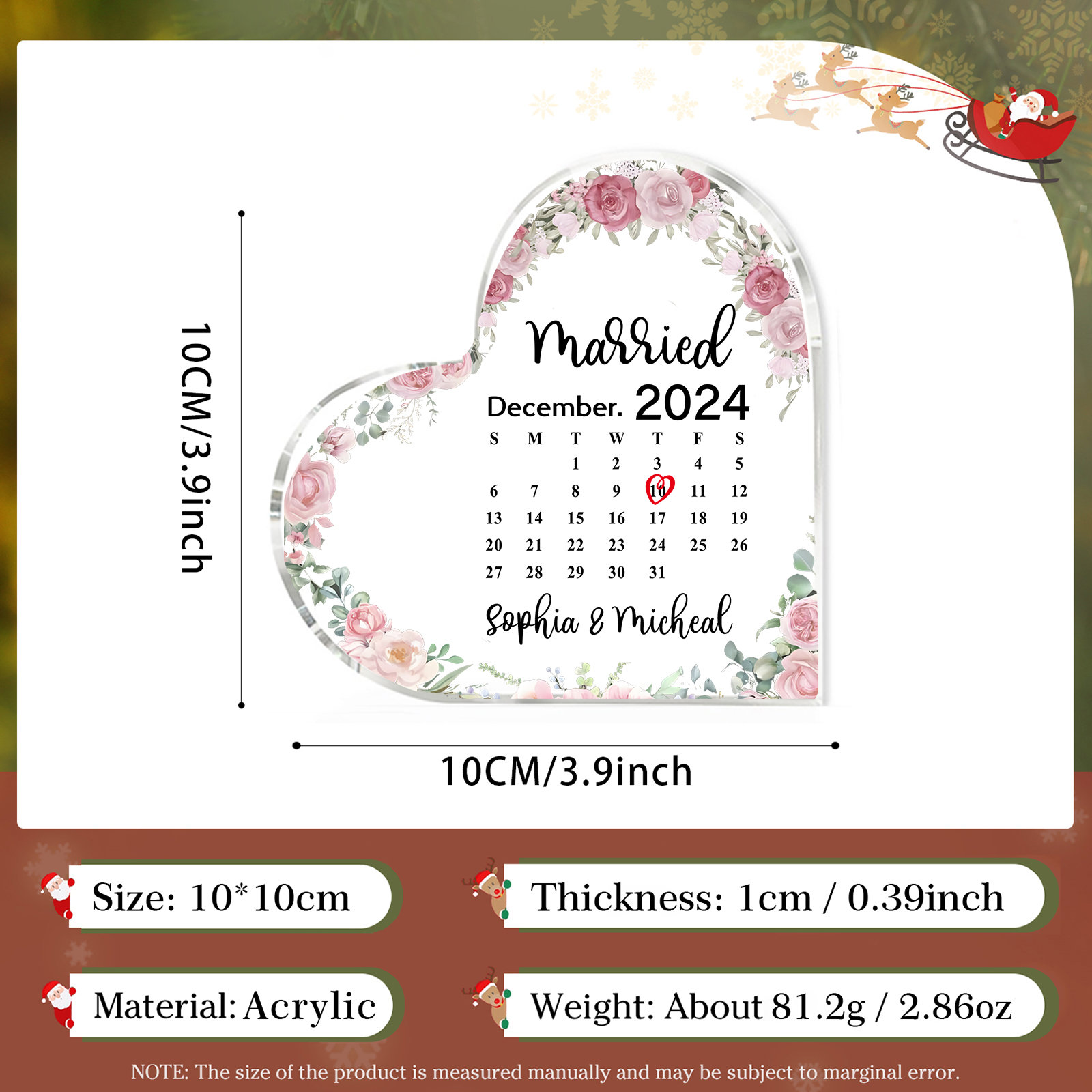 Personalised Heart Shaped Acrylic Plaque Married Custom 1 Date 2 Names 1 Text Gift for Couple