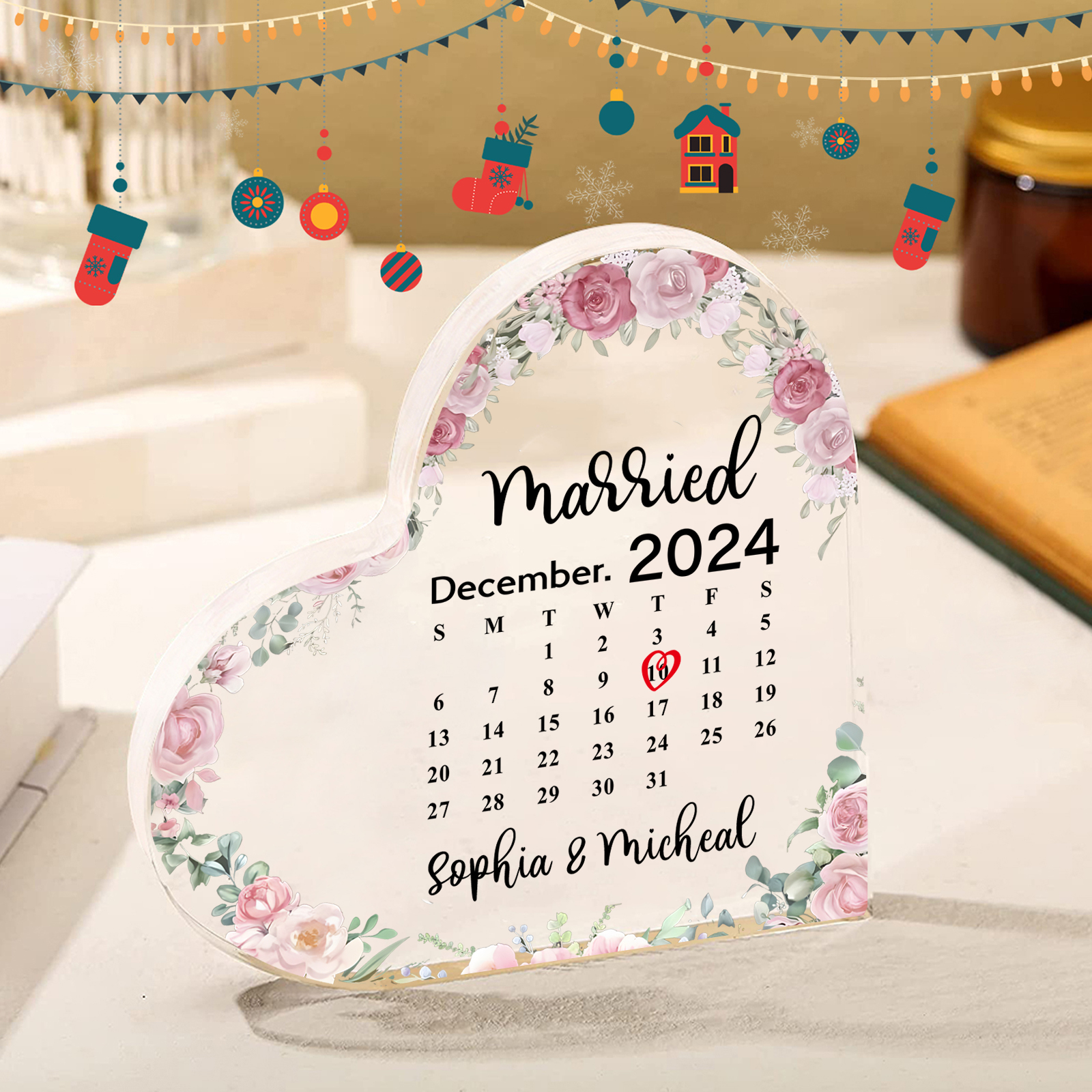 Personalised Heart Shaped Acrylic Plaque Married Custom 1 Date 2 Names 1 Text Gift for Couple