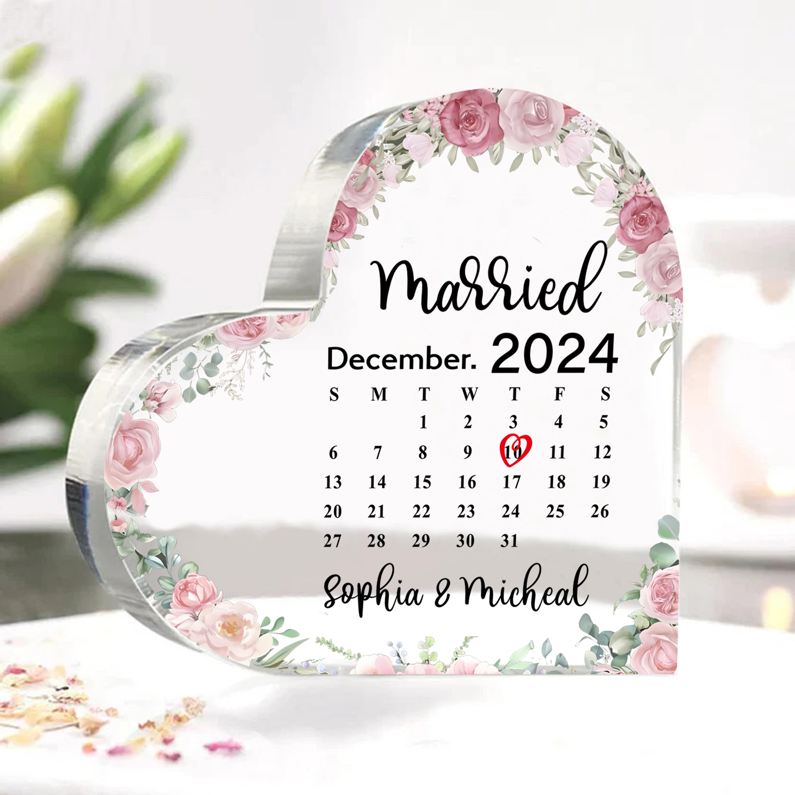 Personalised Heart Shaped Acrylic Plaque Married Custom 1 Date 2 Names 1 Text Gift for Couple