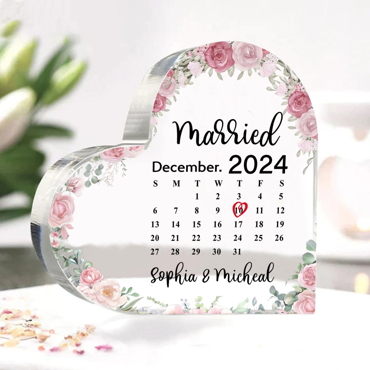 Personalised Heart Shaped Acrylic Plaque Married Custom 1 Date 2 Names 1 Text Gift for Couple