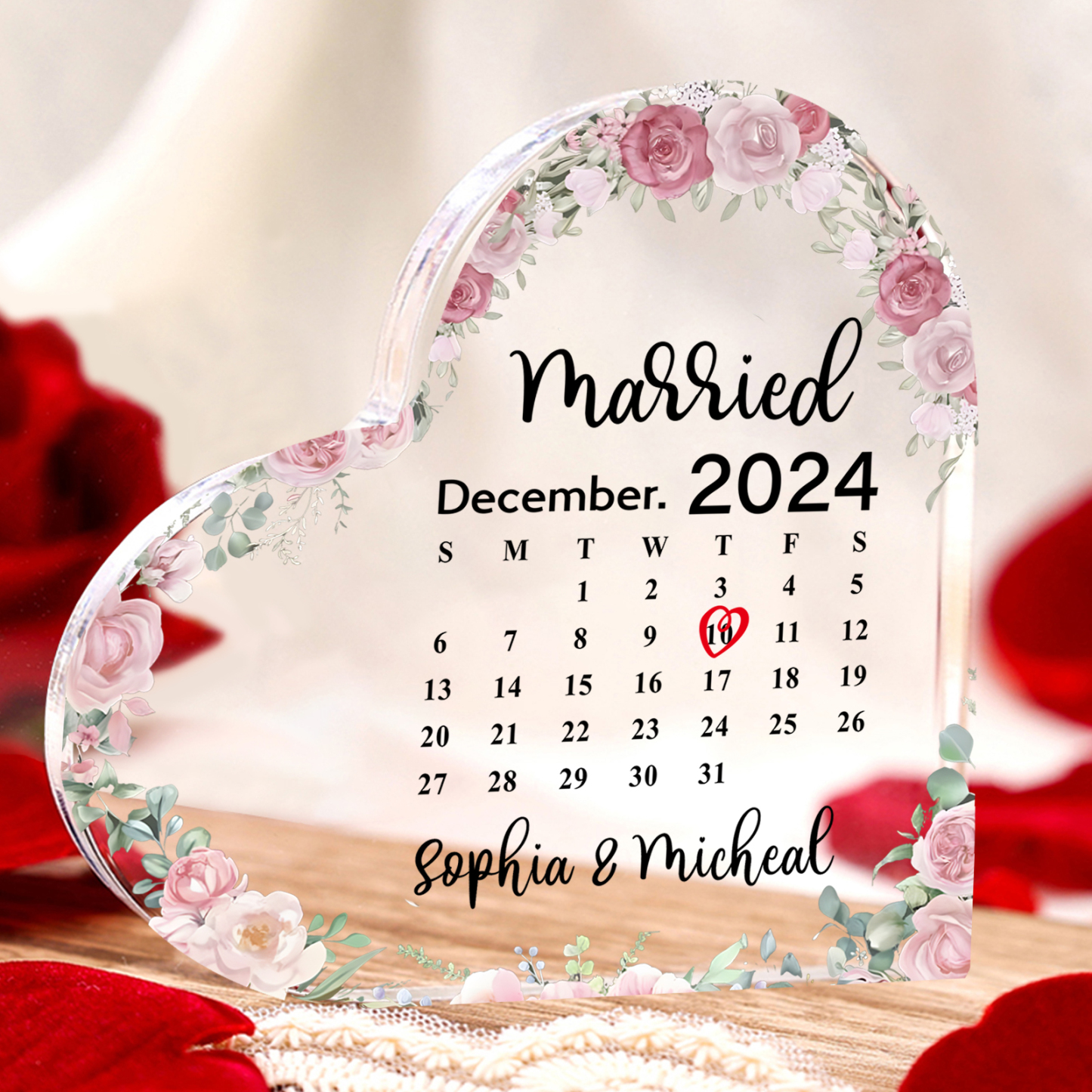 Personalised Heart Shaped Acrylic Plaque Married Custom 1 Date 2 Names 1 Text Gift for Couple