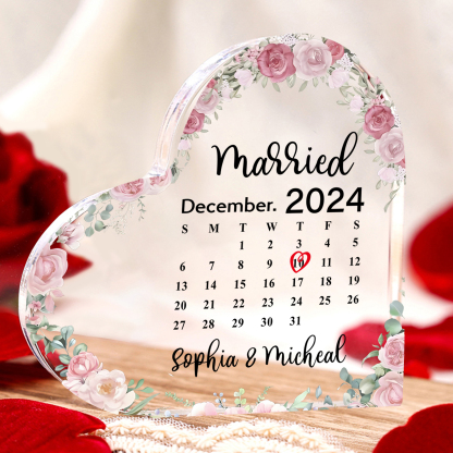 Personalised Heart Shaped Acrylic Plaque Married Custom 1 Date 2 Names 1 Text Gift for Couple