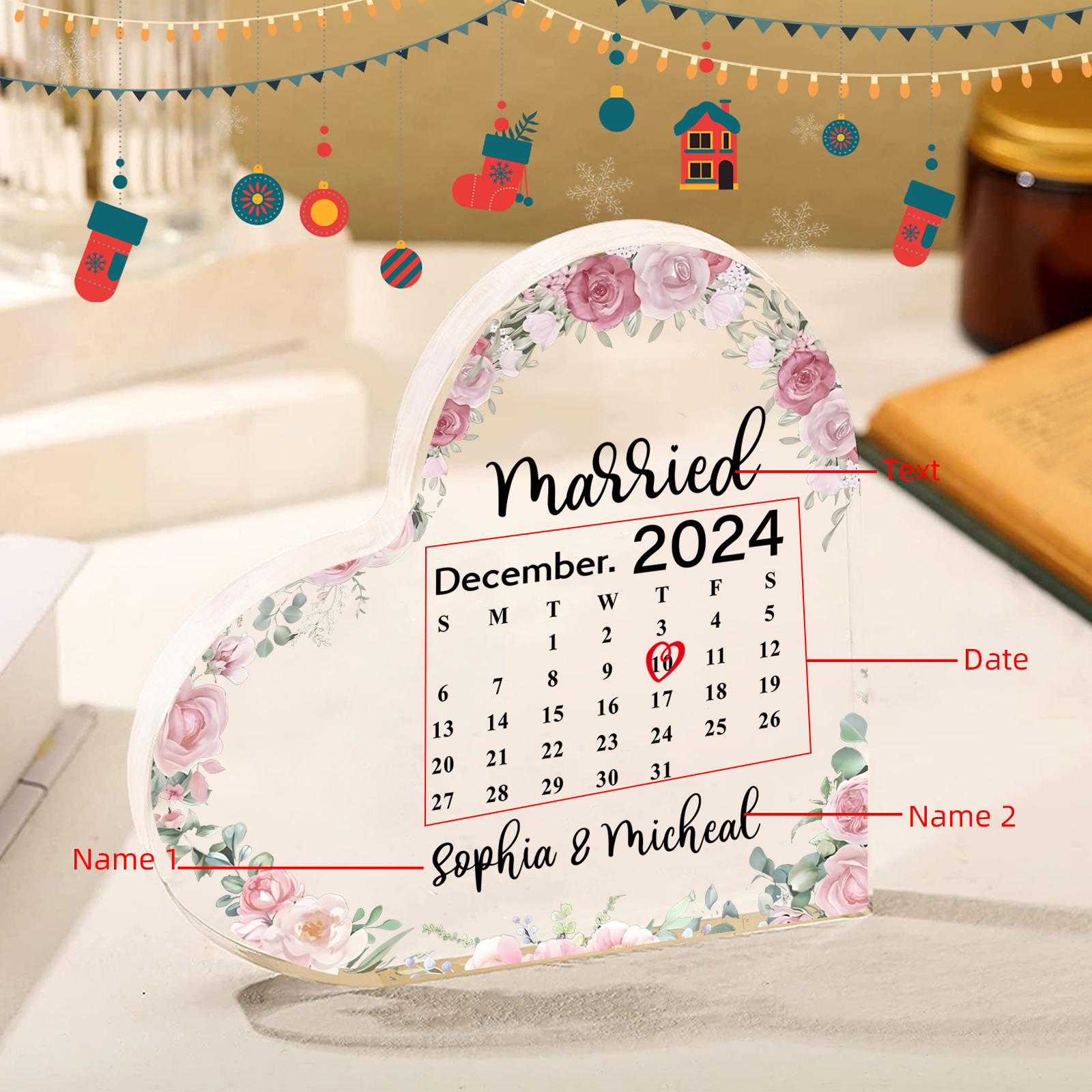 Personalised Heart Shaped Acrylic Plaque Married Custom 1 Date 2 Names 1 Text Gift for Couple