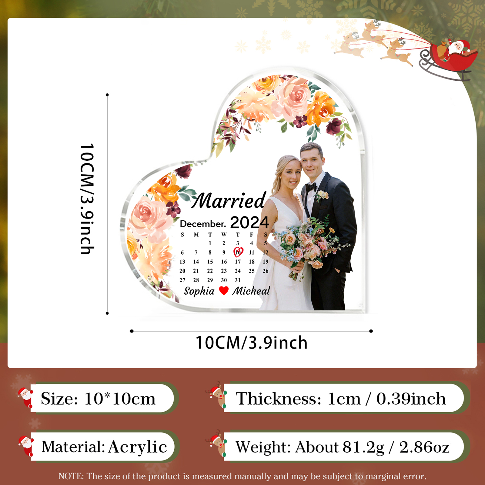 Personalised Heart Shaped Acrylic Plaque Married Custom 1 Date 2 Names 1 Text Gift for Couple