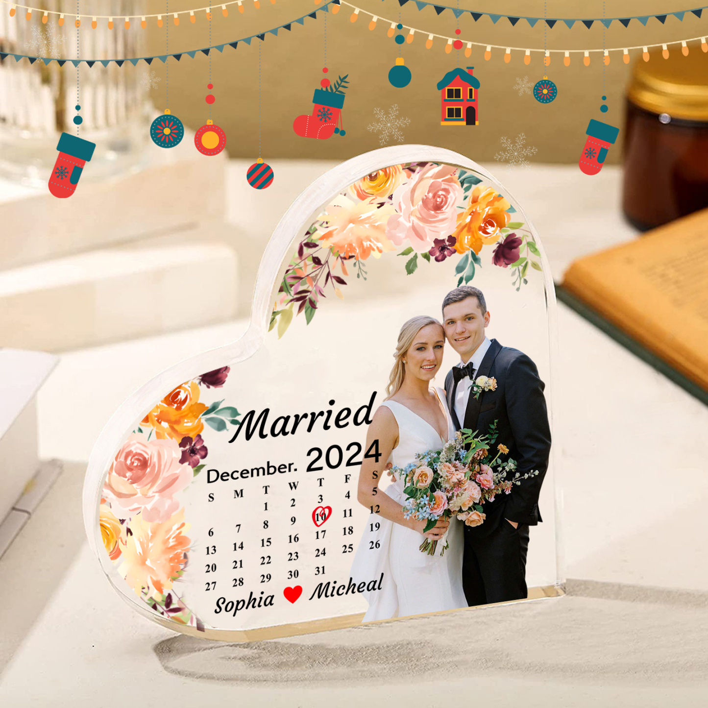 Personalised Heart Shaped Acrylic Plaque Married Custom 1 Date 2 Names 1 Text Gift for Couple