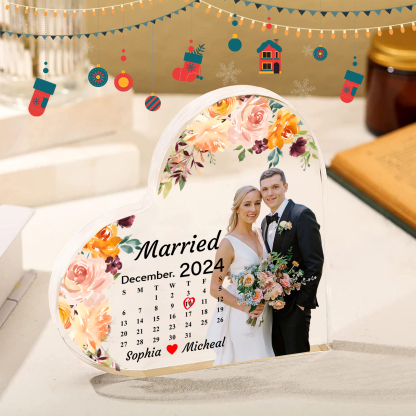 Personalised Heart Shaped Acrylic Plaque Married Custom 1 Date 2 Names 1 Text Gift for Couple
