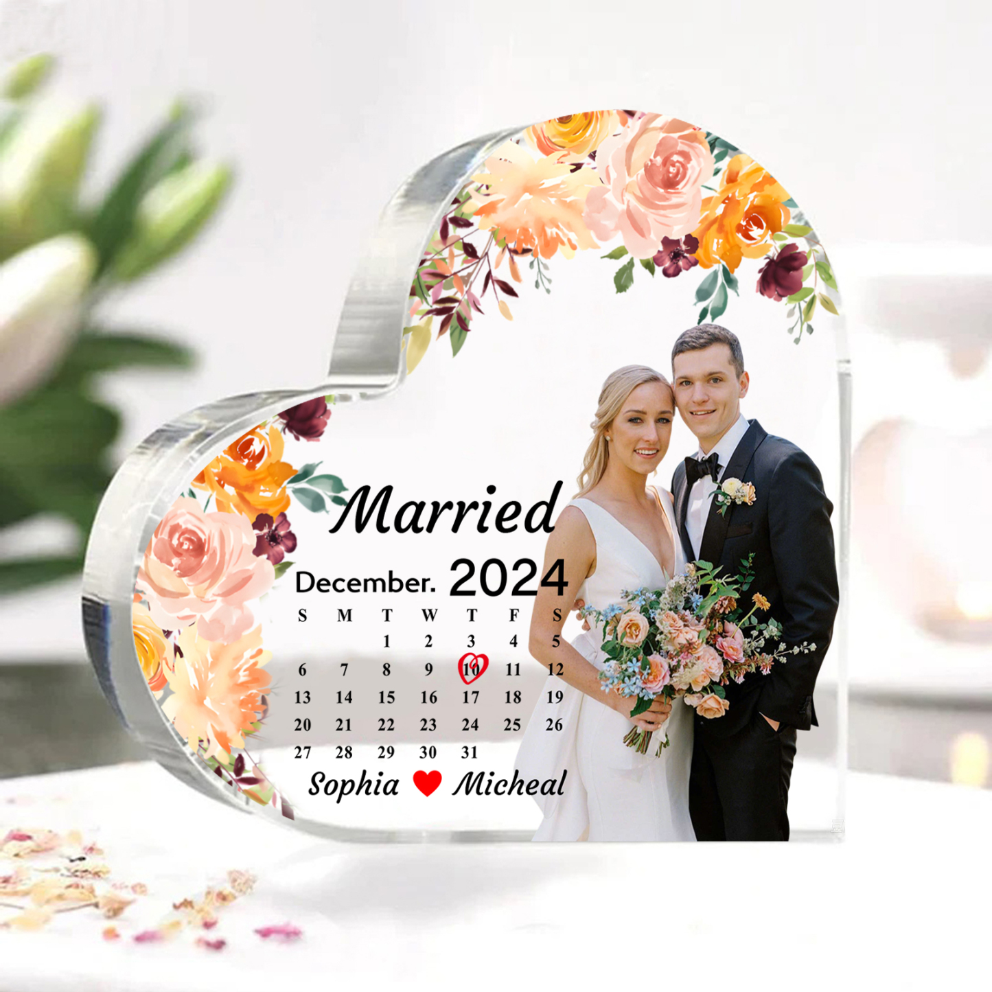 Personalised Heart Shaped Acrylic Plaque Married Custom 1 Date 2 Names 1 Text Gift for Couple