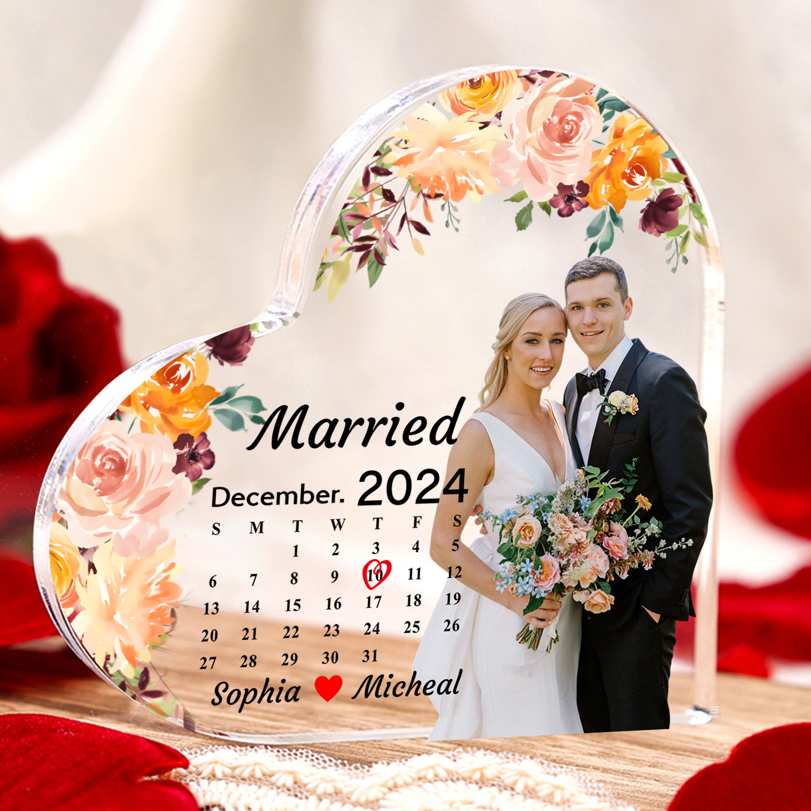 Personalised Heart Shaped Acrylic Plaque Married Custom 1 Date 2 Names 1 Text Gift for Couple