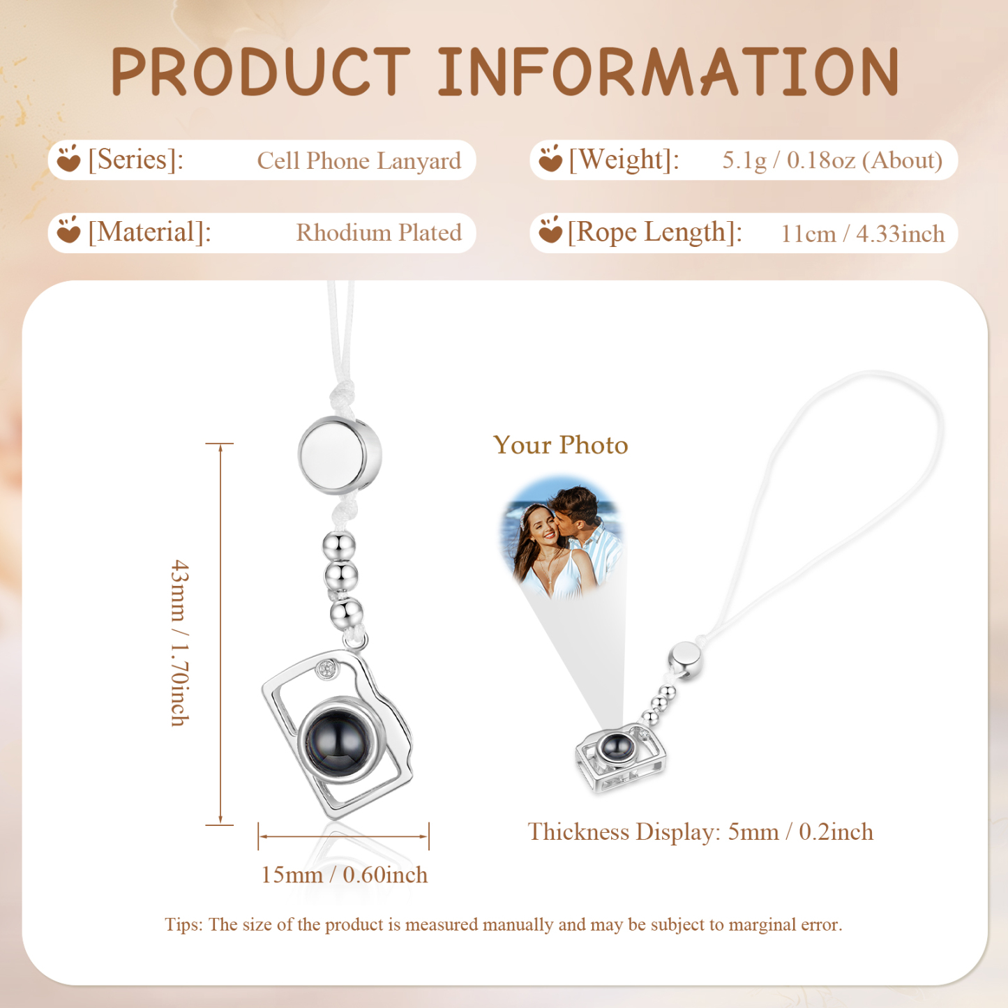 Personalised Projection Mobile Phone Strap Heart & Camera Shaped Gift for Lover