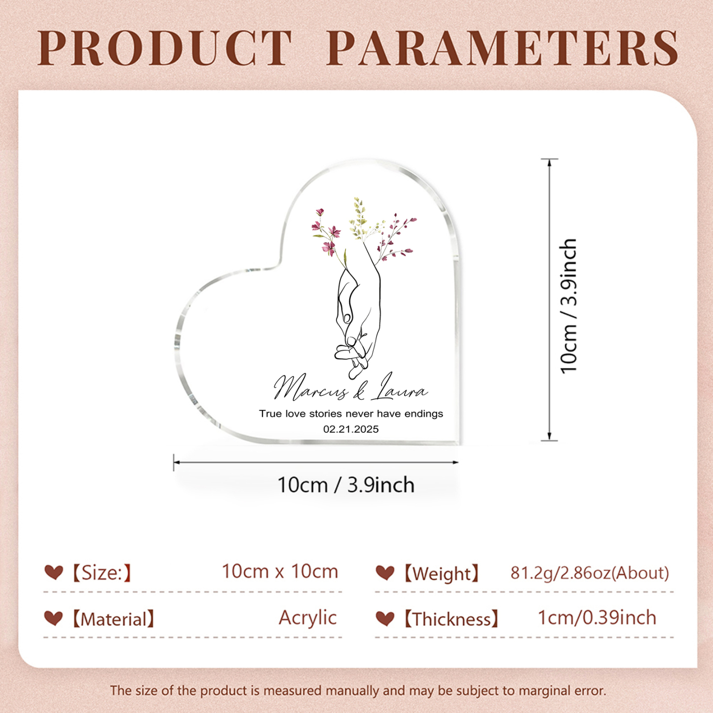 Personalised Heart-Shaped Acrylic Ornament Holding Hands Customised 2 Names 1 Date 1 Text Valentines Day Gift for Him