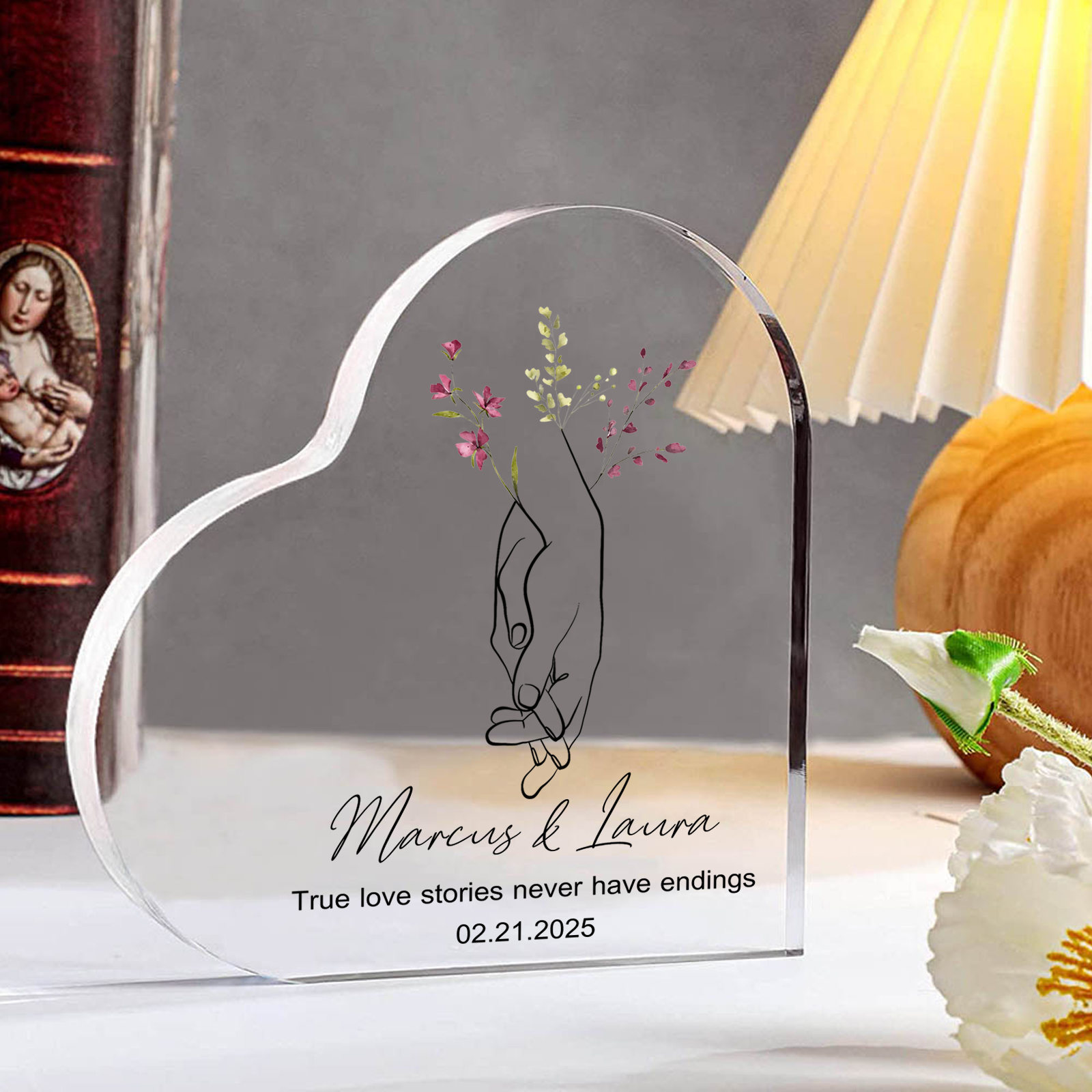 Personalised Heart-Shaped Acrylic Ornament Holding Hands Customised 2 Names 1 Date 1 Text Valentines Day Gift for Him