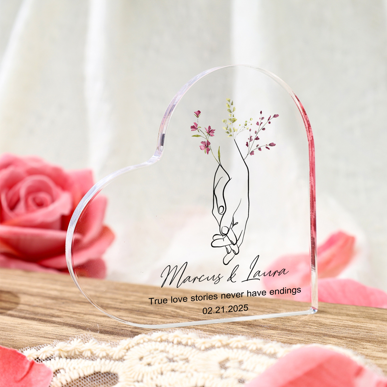Personalised Heart-Shaped Acrylic Ornament Holding Hands Customised 2 Names 1 Date 1 Text Valentines Day Gift for Him