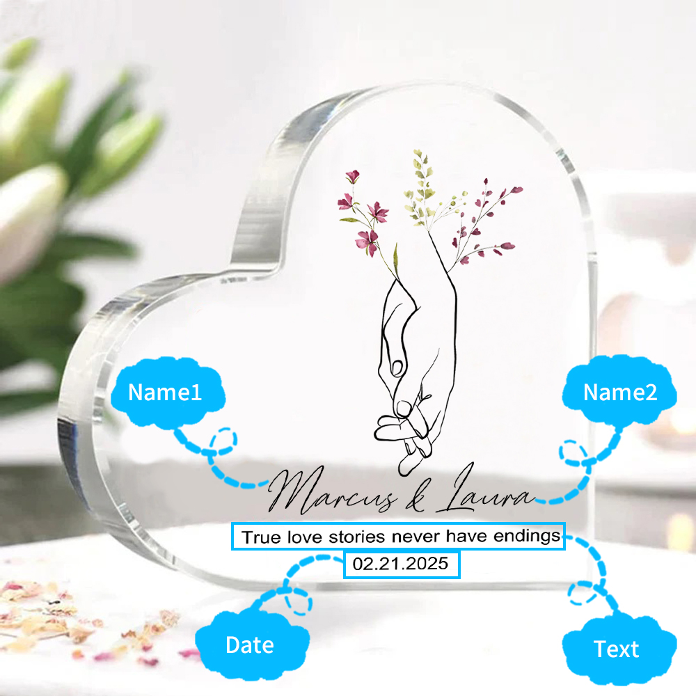 Personalised Heart-Shaped Acrylic Ornament Holding Hands Customised 2 Names 1 Date 1 Text Valentines Day Gift for Him
