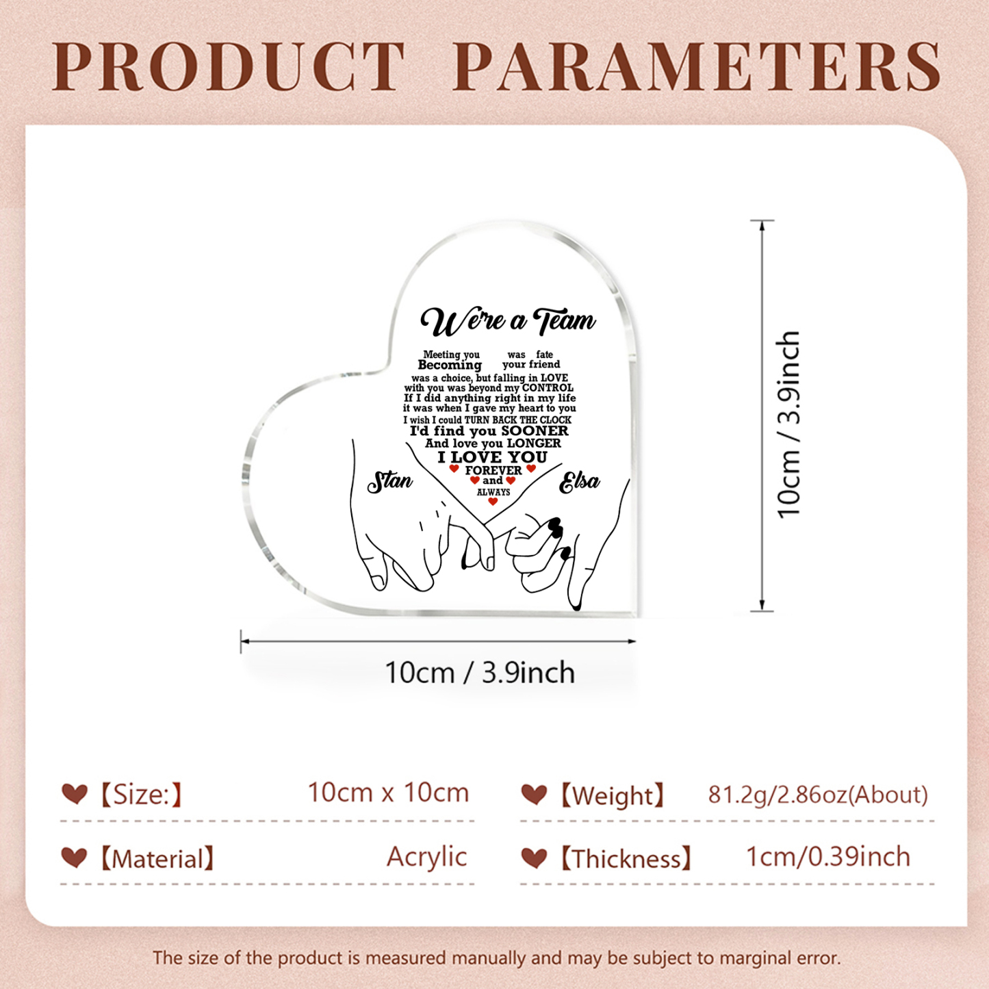 Personalised Heart Acrylic Plaque We're a Team Valentine's Day Customised 2 Names Home DecorationGift for Him