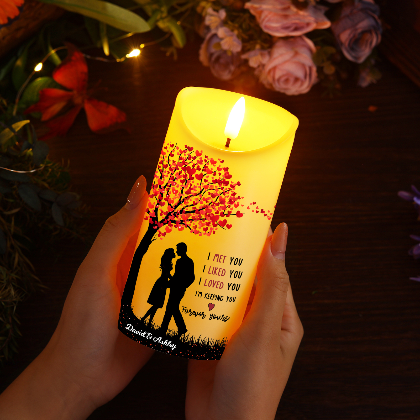 Personalised LED Candle I Met You I Loved You Couple Standing Under the Heart Tree