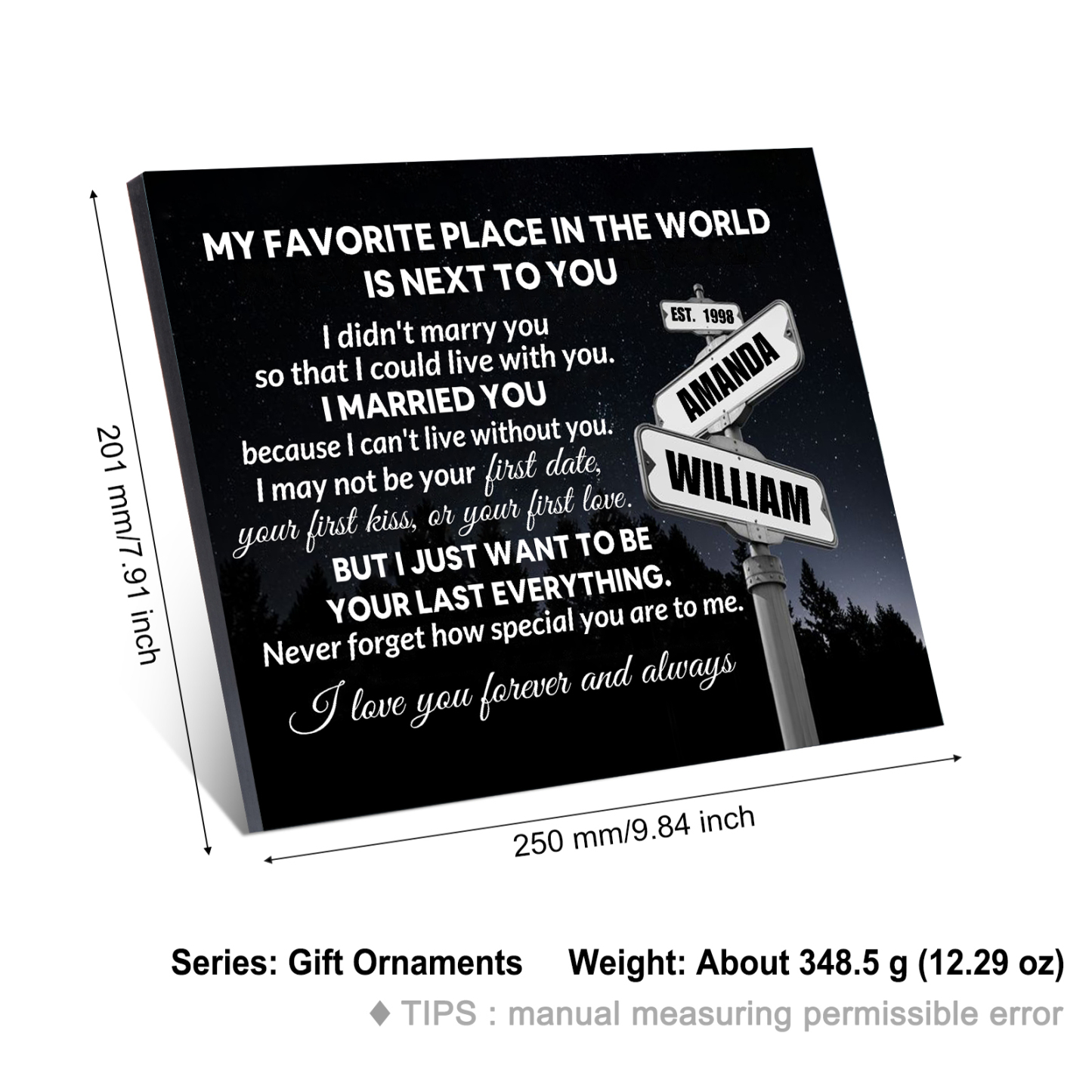 Personalised 2 Names and Year Wooden Plaque My Favorite Place in the World Is by Your Side Gift for Couples