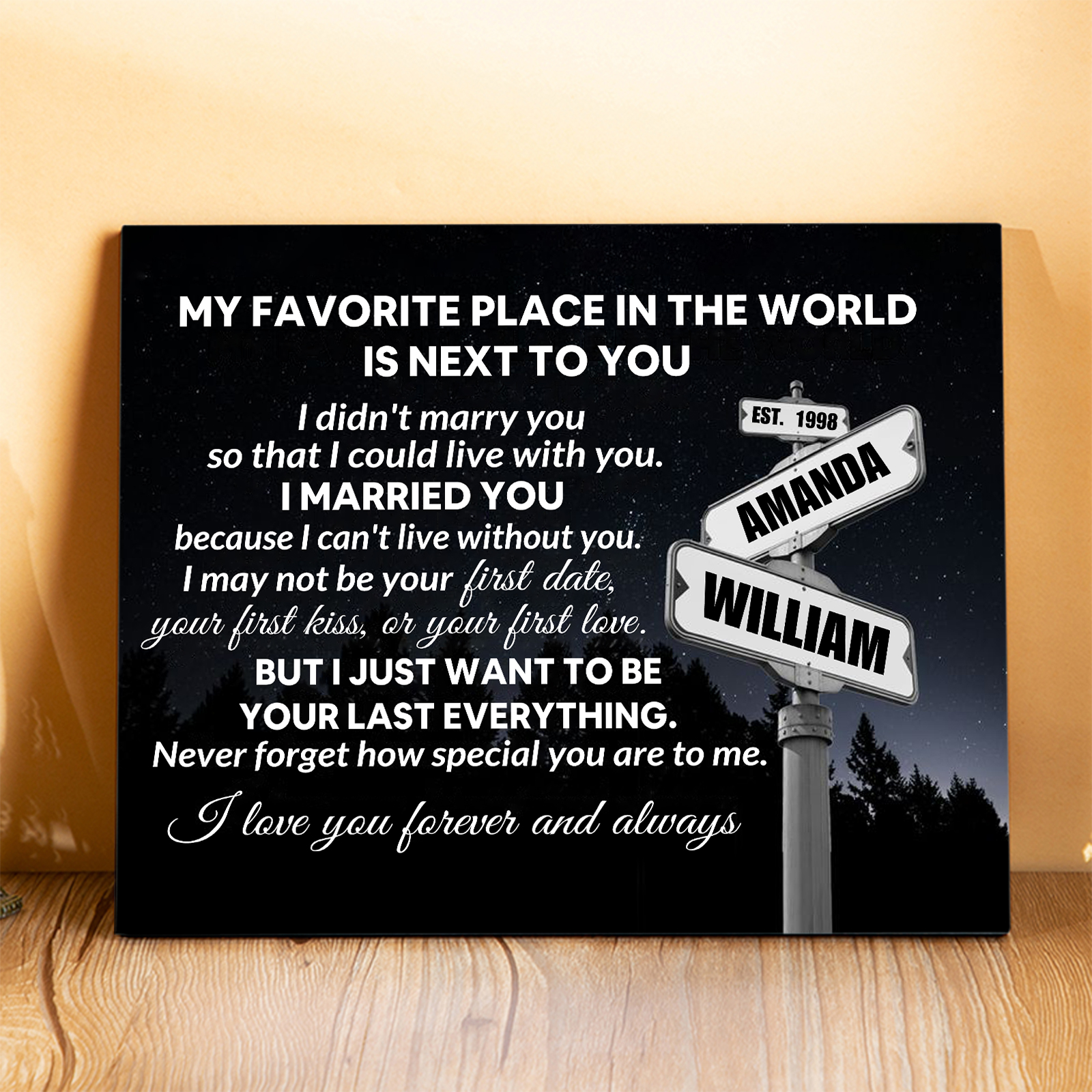 Personalised 2 Names and Year Wooden Plaque My Favorite Place in the World Is by Your Side Gift for Couples
