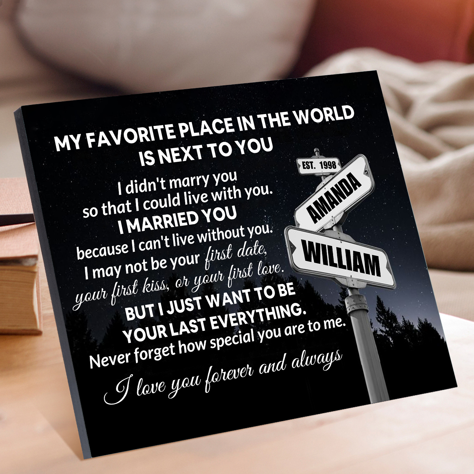 Personalised 2 Names and Year Wooden Plaque My Favorite Place in the World Is by Your Side Gift for Couples