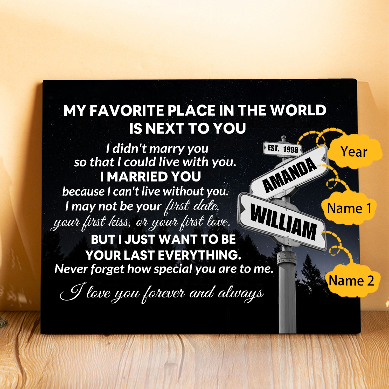 Personalised 2 Names and Year Wooden Plaque My Favorite Place in the World Is by Your Side Gift for Couples