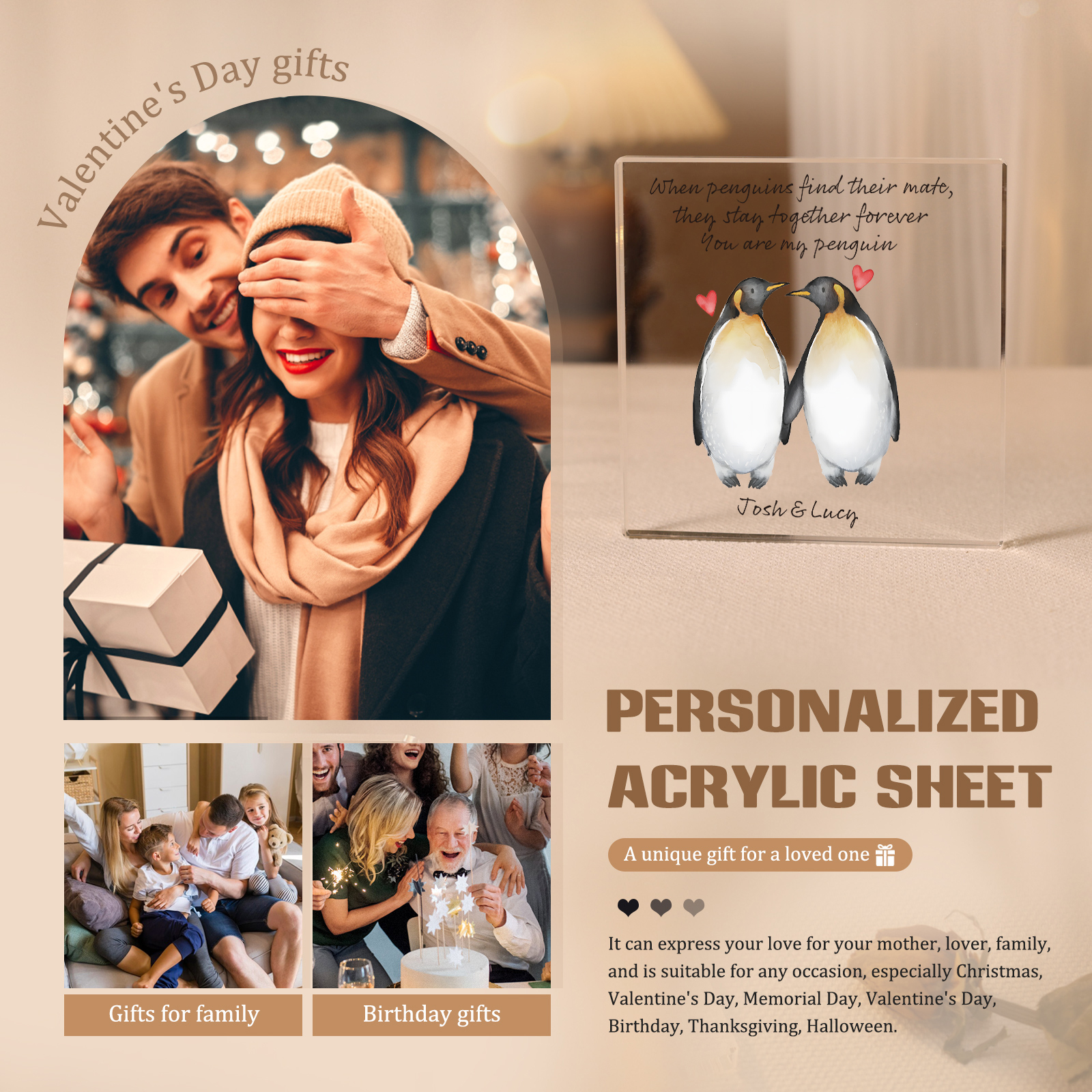 Personalised Acrylic Plaque 2 Penguins Holding Hands Valentine’s Day Gift for Her