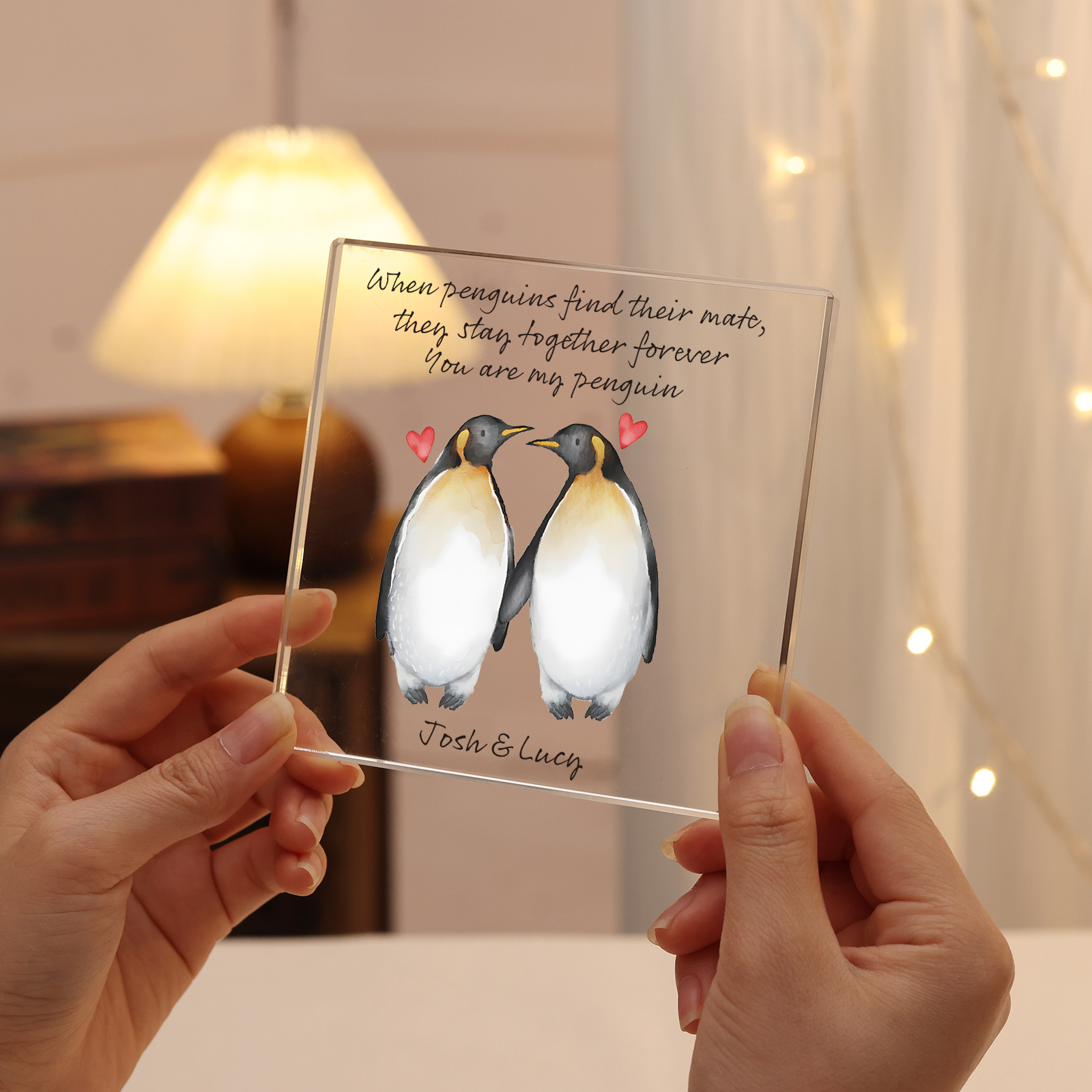 Personalised Acrylic Plaque 2 Penguins Holding Hands Valentine’s Day Gift for Her