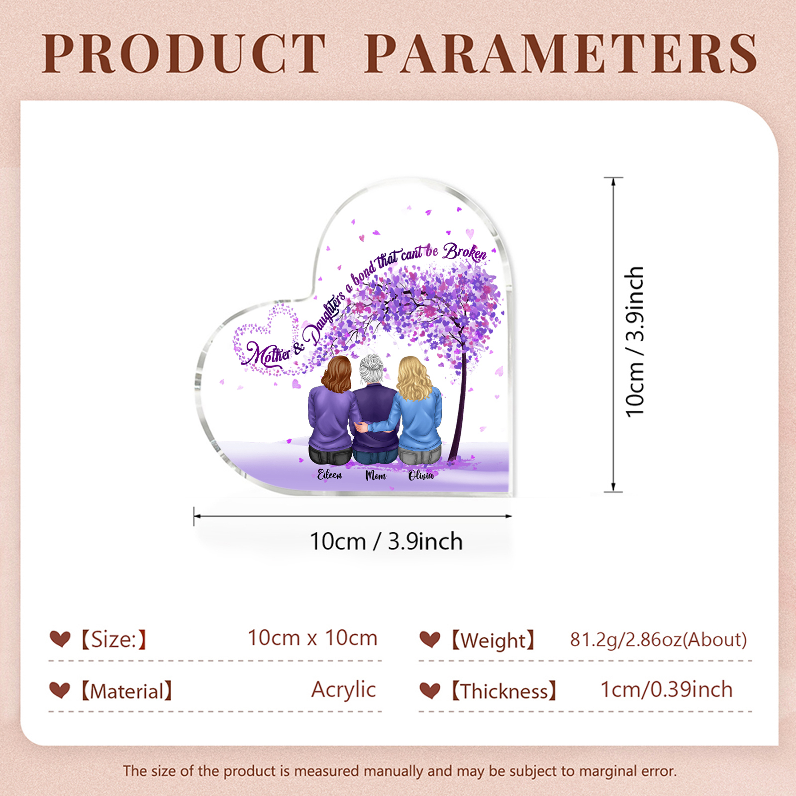Personalised Heart Shaped Acrylic Plaque Mother and Daughters A Bond That Cant Be Broken Gift for Mom | Jessemade