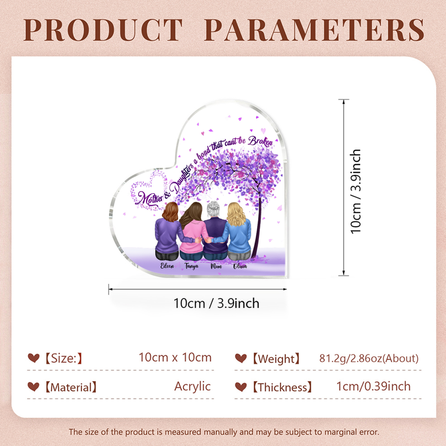 Personalised Heart Shaped Acrylic Plaque Mother and Daughters A Bond That Cant Be Broken Gift for Mom | Jessemade