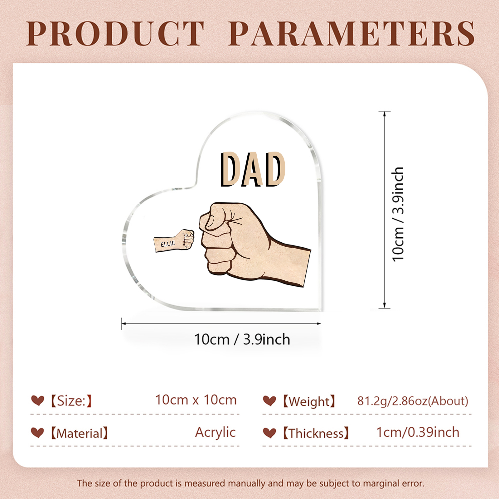 Personalised Heart Shaped Acrylic Plaque Father and Child Fist Custom Gift for Dad | Jessemade