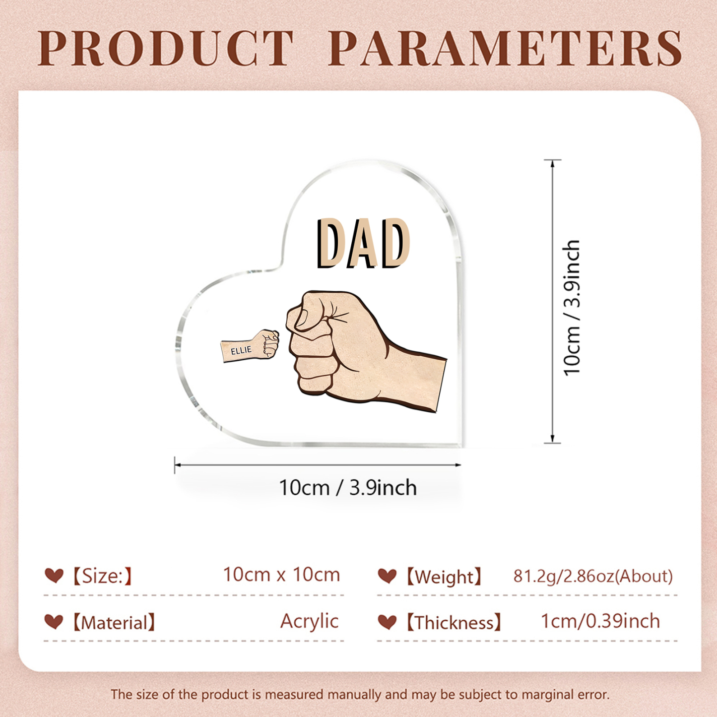 Personalised Heart Shaped Acrylic Plaque Father and Child Fist Custom Gift for Dad | Jessemade