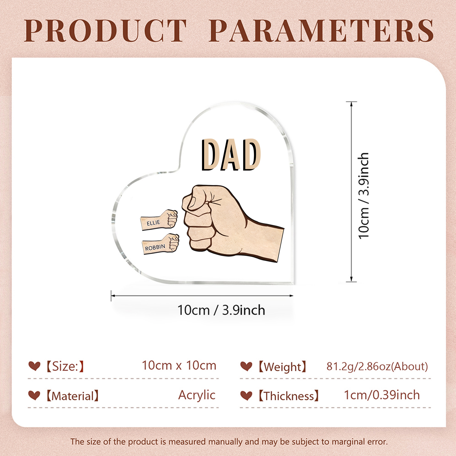 Personalised Heart Shaped Acrylic Plaque Father and Child Fist Custom Gift for Dad | Jessemade
