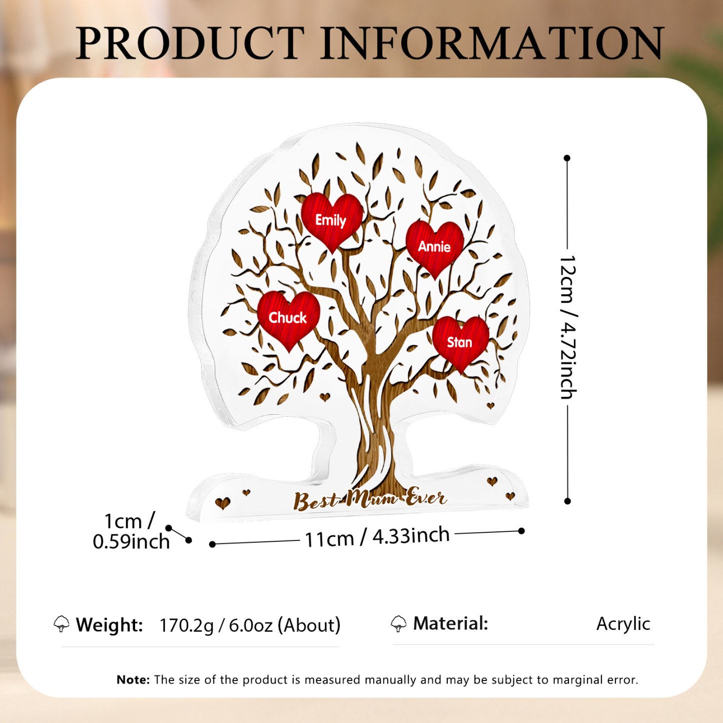 Personalised Tree Shaped Acrylic Plaque Best Mom Ever Custom Family Tree Gift for Mom | Jessemade