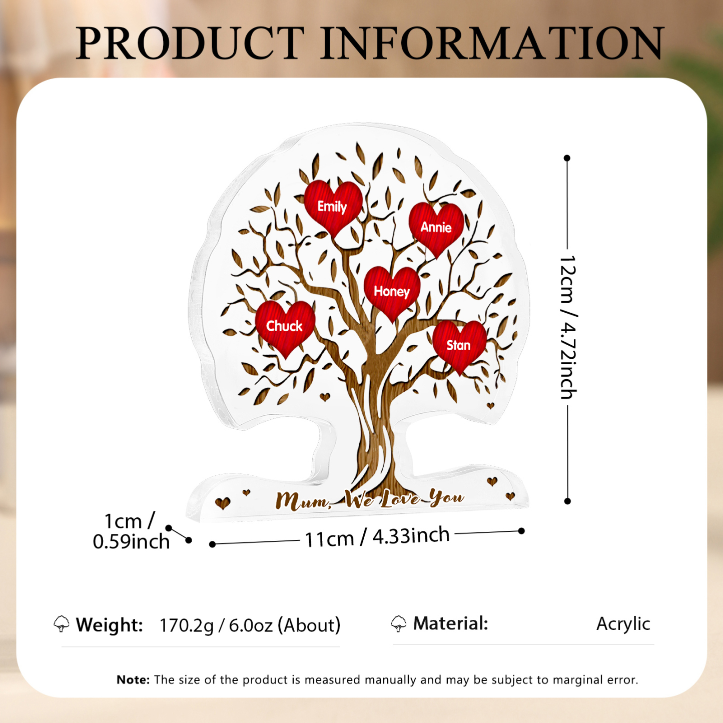 Personalised Tree Shaped Acrylic Plaque Best Mom Ever Custom Family Tree Gift for Mom | Jessemade