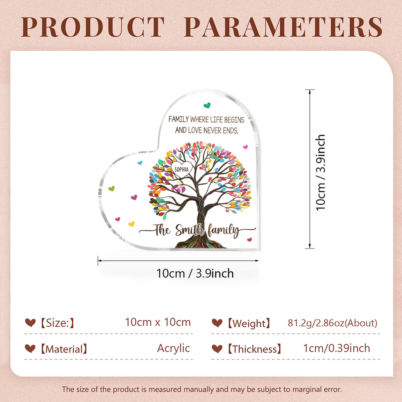 Personalised Heart Shaped Acrylic Plaque Custom with 1 Name and 2 Texts Family Decoration | Jessemade
