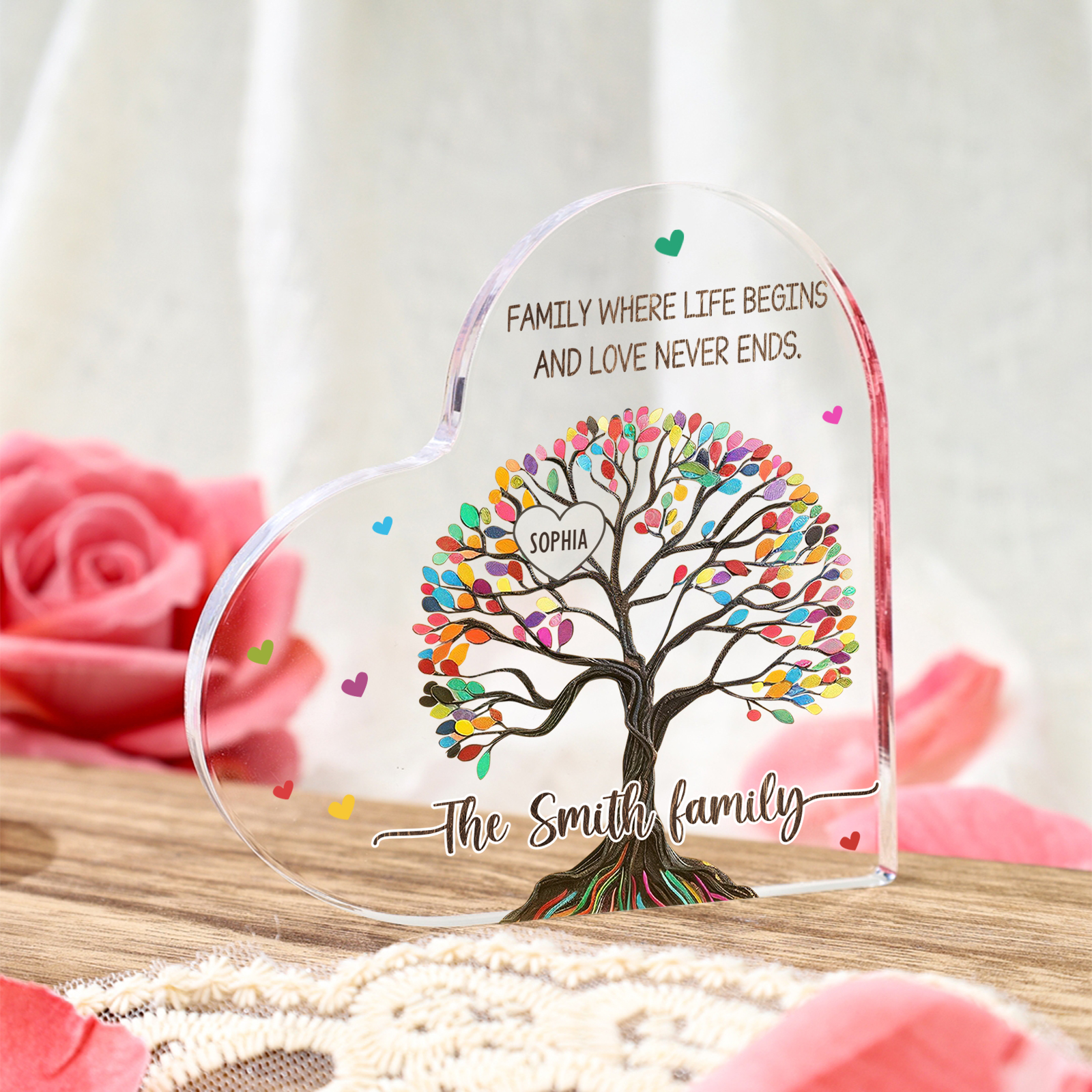 Personalised Heart Shaped Acrylic Plaque Custom with 1 Name and 2 Texts Family Decoration | Jessemade