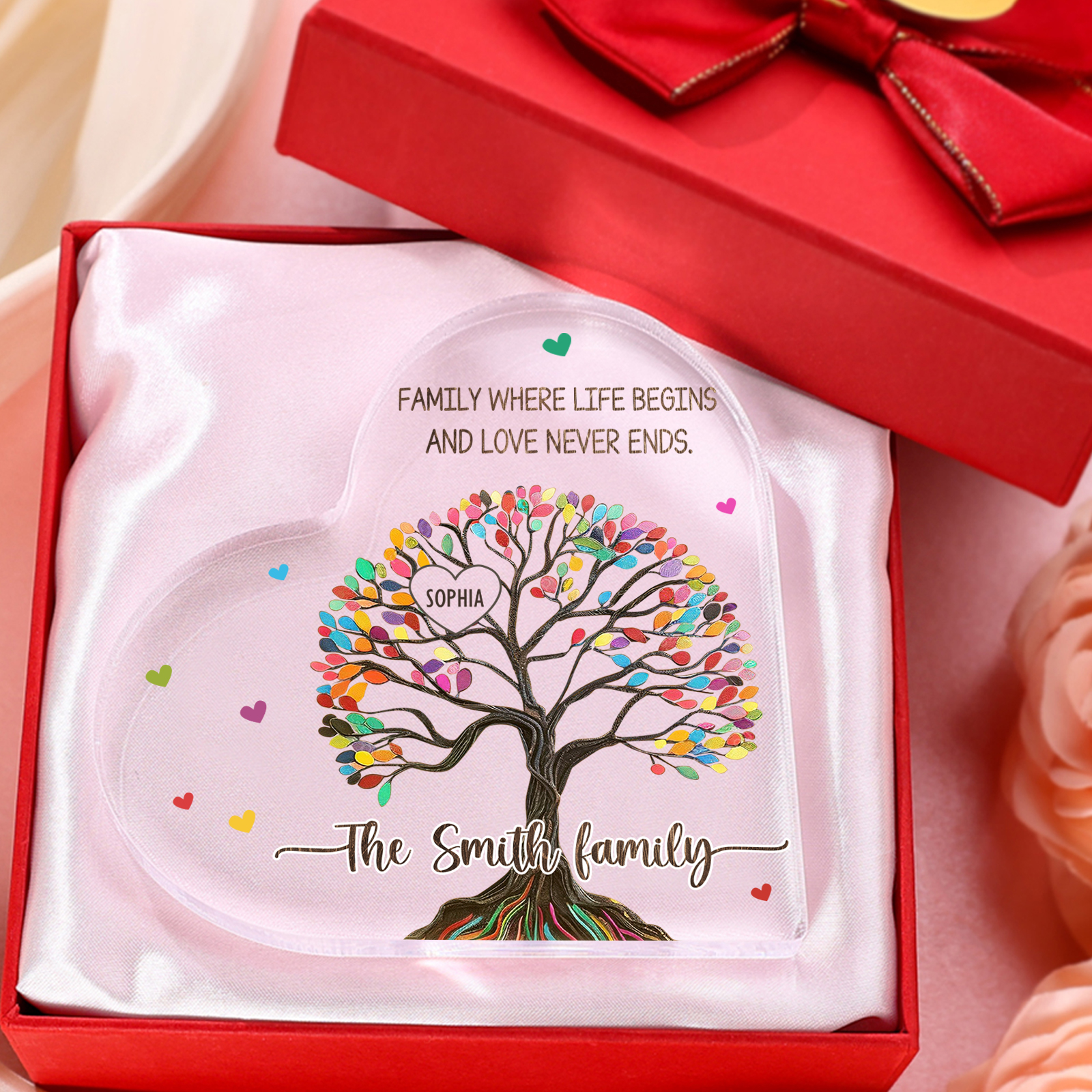 Personalised Heart Shaped Acrylic Plaque Custom with 1 Name and 2 Texts Family Decoration | Jessemade