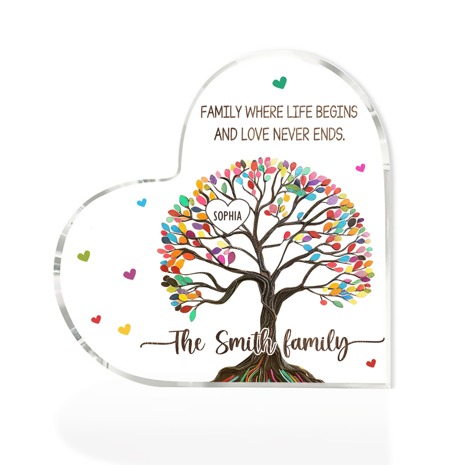 Personalised Heart Shaped Acrylic Plaque Custom with 1 Name and 2 Texts Family Decoration | Jessemade